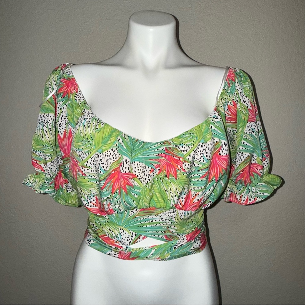Trendy Boutique Green and Pink Leaf Print Blouse